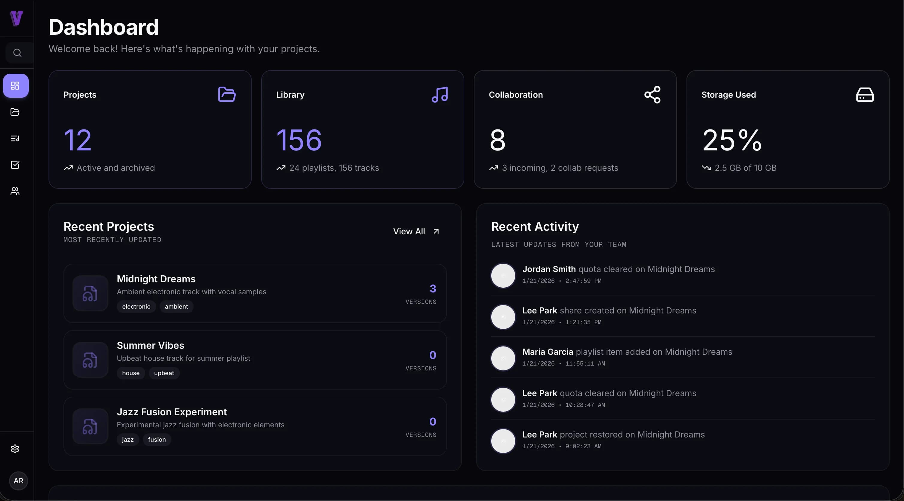 Versic Dashboard - Project management, library, collaboration, and recent activity