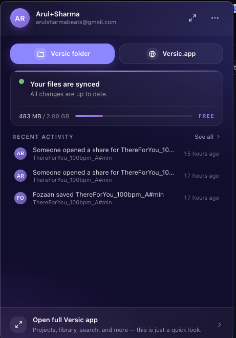 Versic desktop app sync status panel